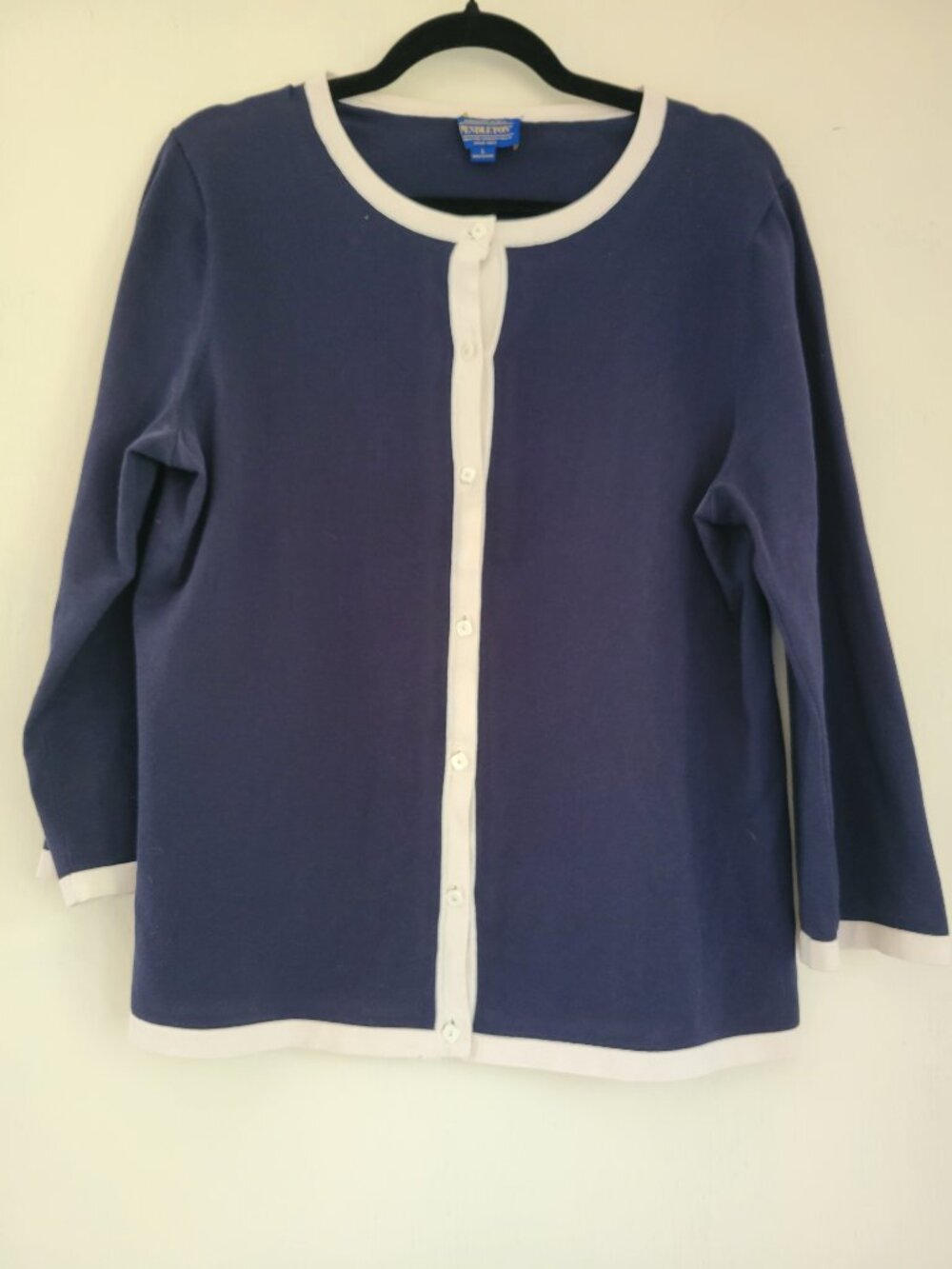 Pendleton Silk Blend Navy Cardigan Ivory Tipping 3/4 Sleeve Button Front Large - Picture 2 of 11